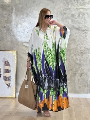 Hakim Yaka Bej Desenli Oversize Maxi Elbise