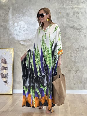 Hakim Yaka Bej Desenli Oversize Maxi Elbise