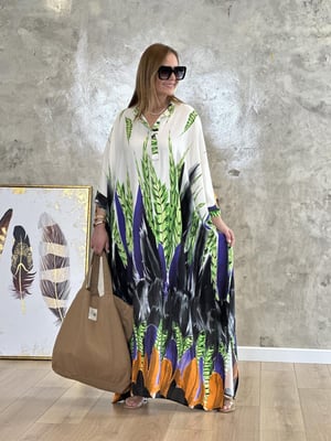 Hakim Yaka Bej Desenli Oversize Maxi Elbise