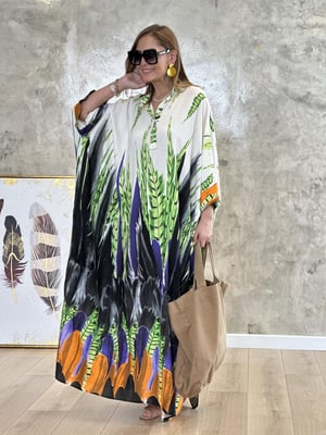 Hakim Yaka Bej Desenli Oversize Maxi Elbise