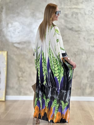 Hakim Yaka Bej Desenli Oversize Maxi Elbise