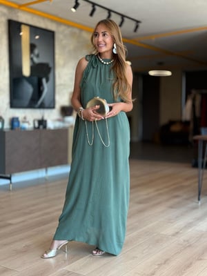 Halter Yaka Astarlı Haki Pamuk Elbise