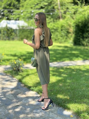Halter Yaka Kol Volanlı Kuşaklı Haki Elbise