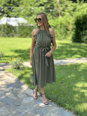 Halter Yaka Kol Volanlı Kuşaklı Haki Elbise