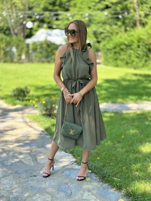 Halter Yaka Kol Volanlı Kuşaklı Haki Elbise