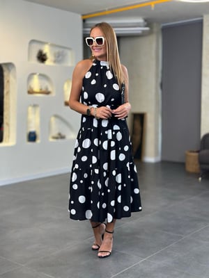 Halter Yaka Kuşaklı Puantiyeli Elbise