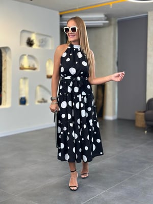 Halter Yaka Kuşaklı Puantiyeli Elbise