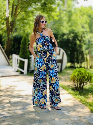 Halter Yaka Lacivert Desenli Tulum