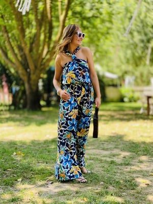 Halter Yaka Lacivert Desenli Tulum