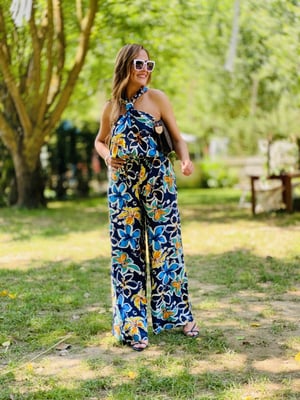 Halter Yaka Lacivert Desenli Tulum