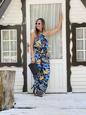 Halter Yaka Lacivert Desenli Tulum