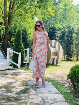 Halter Yaka Uzun Şally Elbise