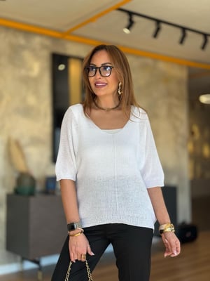 İthal V Yaka Oversize Beyaz Merserize Triko