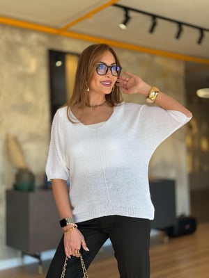 İthal V Yaka Oversize Beyaz Merserize Triko