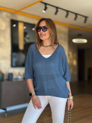 İthal V Yaka Oversize İndigo Merserize Triko