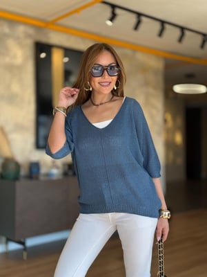 İthal V Yaka Oversize İndigo Merserize Triko