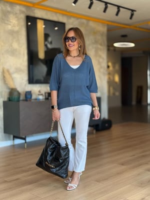 İthal V Yaka Oversize İndigo Merserize Triko