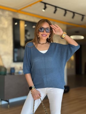 İthal V Yaka Oversize İndigo Merserize Triko
