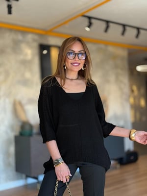 İthal V Yaka Oversize Siyah Merserize Triko