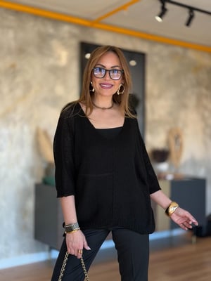 İthal V Yaka Oversize Siyah Merserize Triko