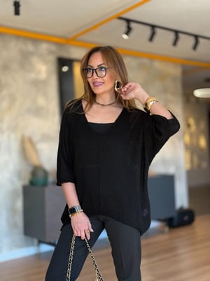 İthal V Yaka Oversize Siyah Merserize Triko