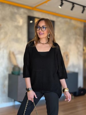 İthal V Yaka Oversize Siyah Merserize Triko