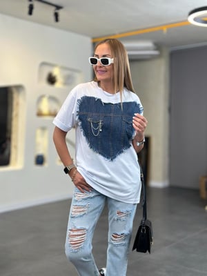 Jean Detaylı Zincirli Tasarım Beyaz Bluz
