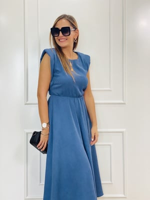 Kadife Vatkalı Mavi Elbise