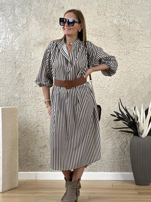 Kahve Beyaz Çizgili Kemerli Elbise