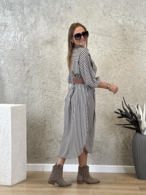 Kahve Beyaz Çizgili Kemerli Elbise