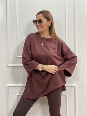 Kahverengi Basic Yırtmaçlı Sweatshirt