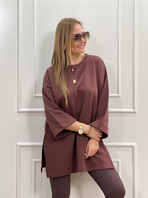Kahverengi Basic Yırtmaçlı Sweatshirt
