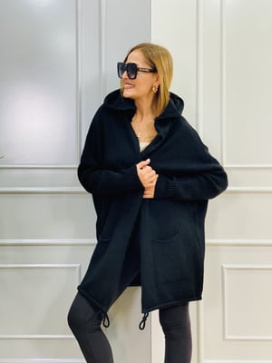 Kapşonlu Oversize Siyah Hırka
