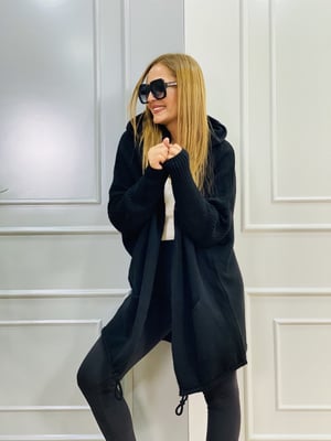 Kapşonlu Oversize Siyah Hırka
