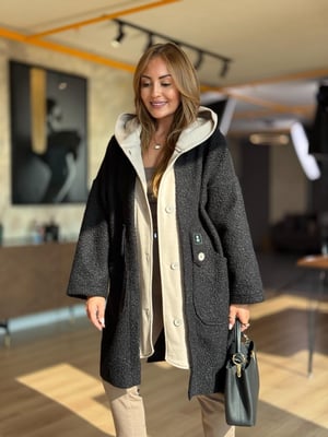 Kapüşonlu Bej Sweat Detay Siyah Buklet Kaban