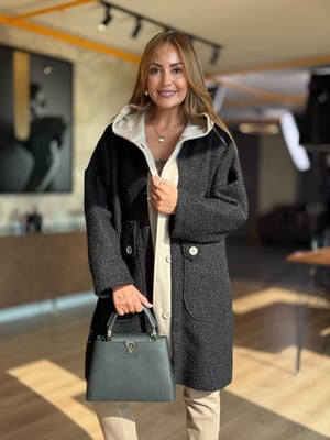 Kapüşonlu Bej Sweat Detay Siyah Buklet Kaban