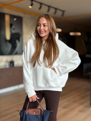 Kapüşonlu Kanguru Cep Ekru Sweatshirt