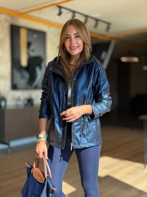 Kapüşonlu Önden Fermuarlı Lacivert Deri Ceket