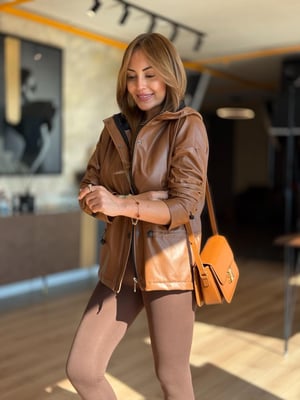 Kapüşonlu Önden Fermuarlı Taba Deri Ceket