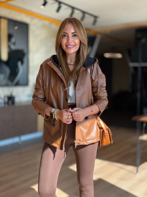 Kapüşonlu Önden Fermuarlı Taba Deri Ceket