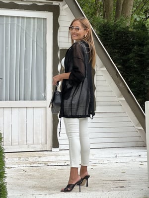 Kapüşonlu Oversize File Siyah Hırka
