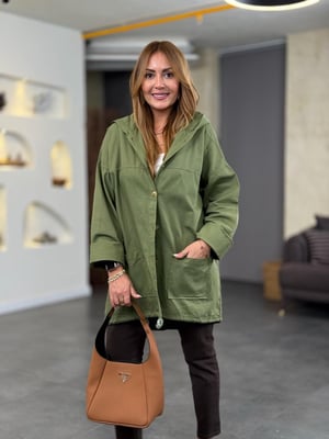 Kapüşonlu Sırt Payetli Gabardin Haki Ceket