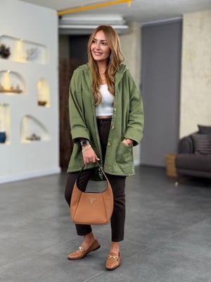 Kapüşonlu Sırt Payetli Gabardin Haki Ceket