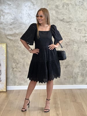 Kare Yaka Fistolu Astarlı Siyah Elbise