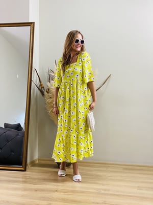 Kare Yaka Sarı Desen Elbise