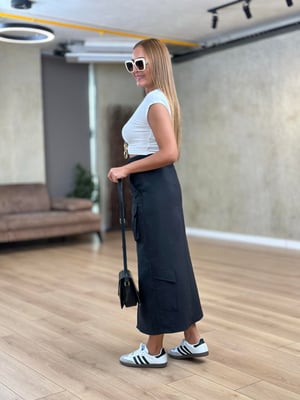 Kargo Cep Ön Yırtmaçlı Kemerli Siyah Etek