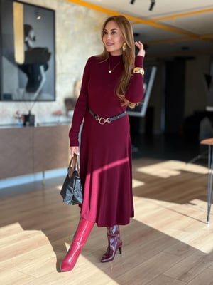 Kemerli Bordo Midi Boy Triko Elbise