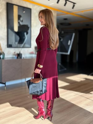 Kemerli Bordo Midi Boy Triko Elbise