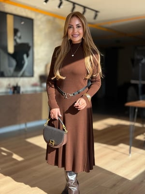 Kemerli Kahve Midi Boy Triko Elbise
