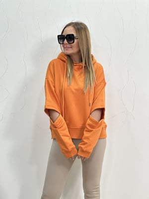 Kesik Kol Detay Orange Kapüşonlu Sweatshirt